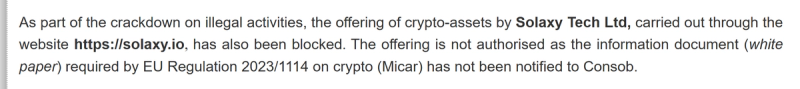 CONSOB press release excerpt stating Solaxy Tech Ltd crypto offering blocked for missing MiCA whitepaper notification.