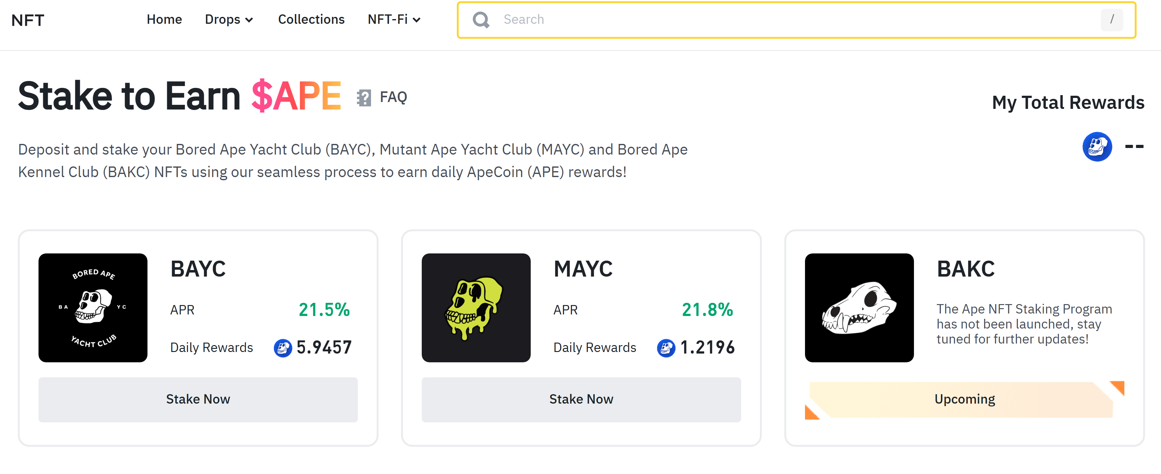Staking NFTs on Binance to earn APE tokens, featuring the Binance staking page with details on supported NFTs and rewards