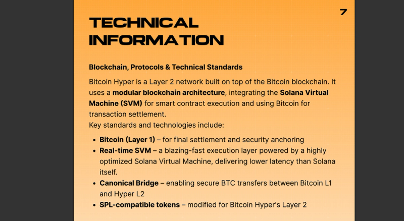Screenshot of the Technical Information section from the Bitcoin Hyper whitepaper, describing its Layer 2 architecture using the Solana Virtual Machine, Bitcoin for settlement, a canonical bridge for BTC transfers, and SPL-compatible tokens.