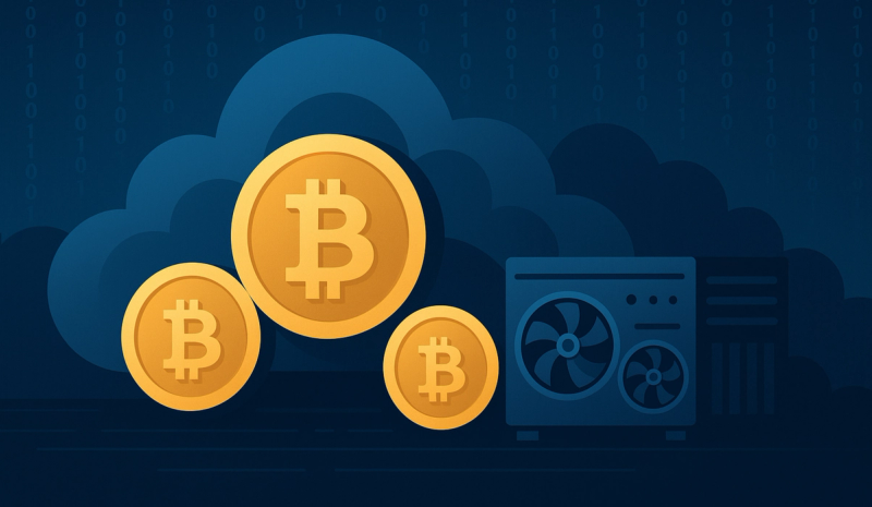 Modern digital illustration of crypto cloud mining showing three golden Bitcoin symbols in front of a dark blue cloud, with mining hardware and binary code in the background.