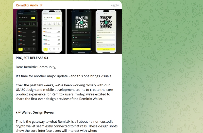 Screenshot from the Remittix Telegram group showing the first and only development update titled “Project Release 03,” despite no prior updates being published