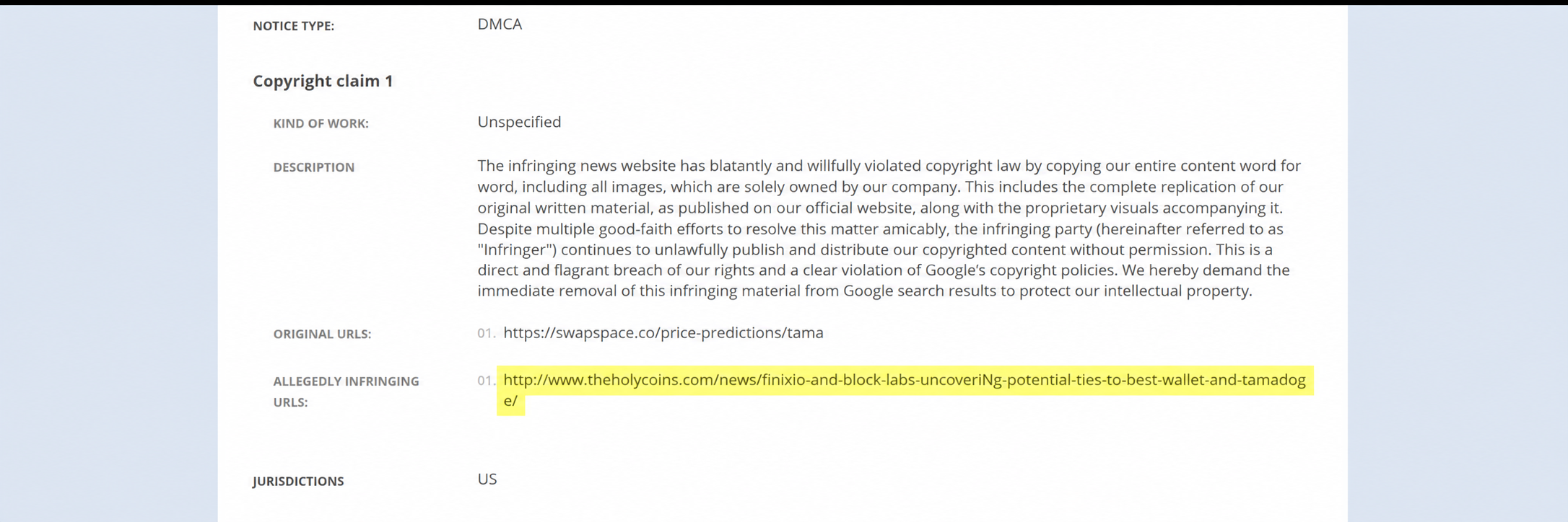 creenshot of a DMCA complaint citing SwapSpace’s Tamadoge price prediction page as the original work and listing TheHolyCoins’ investigation URL with an uppercase “N” in “uncoveriNg.”