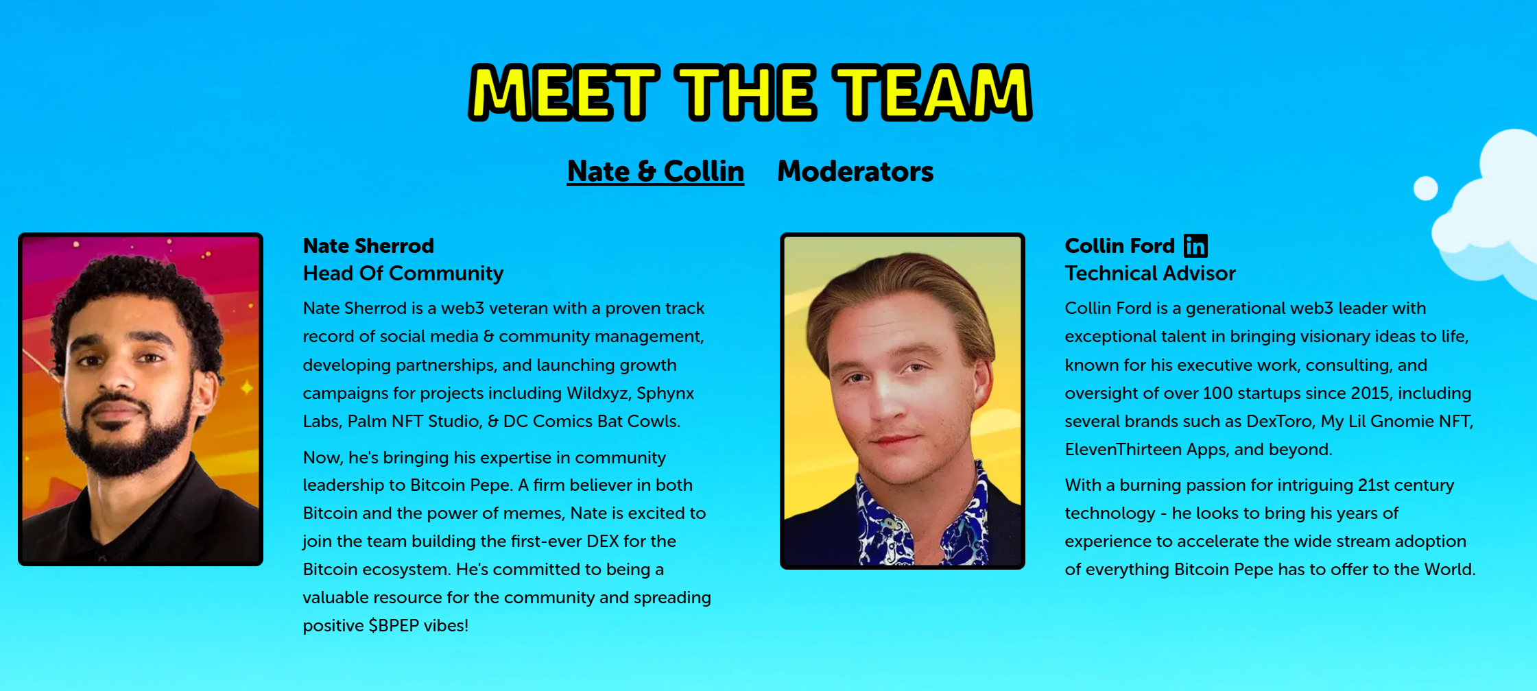 Two profile images with accompanying role descriptions displayed on a light background, part of the Bitcoin Pepe project's team section