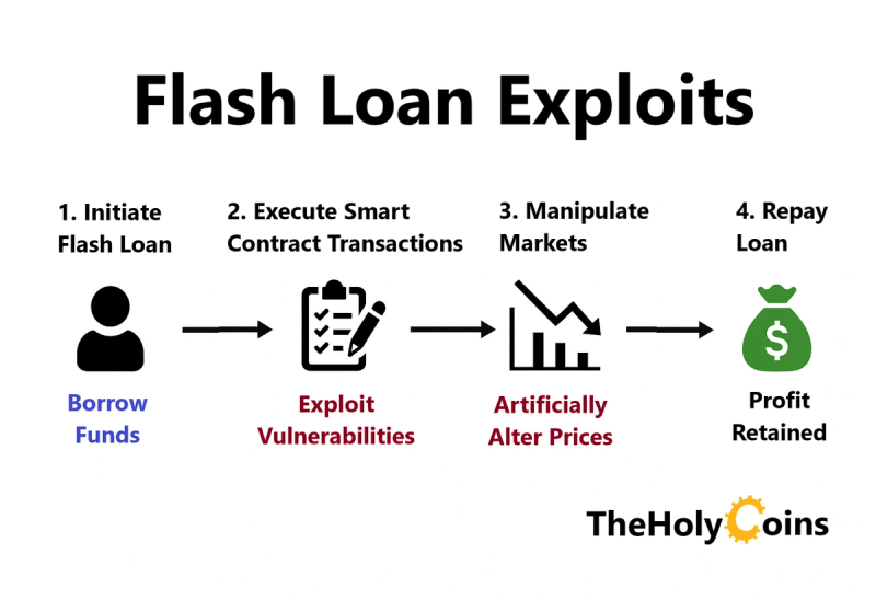 Diagram showing flash loan exploit steps: borrow funds, exploit smart contract vulnerabilities, manipulate prices, and repay loan to keep profits.