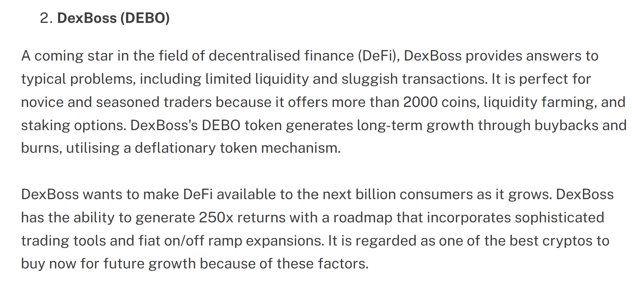 A section from an article prediction that $DEBO token can make 250x