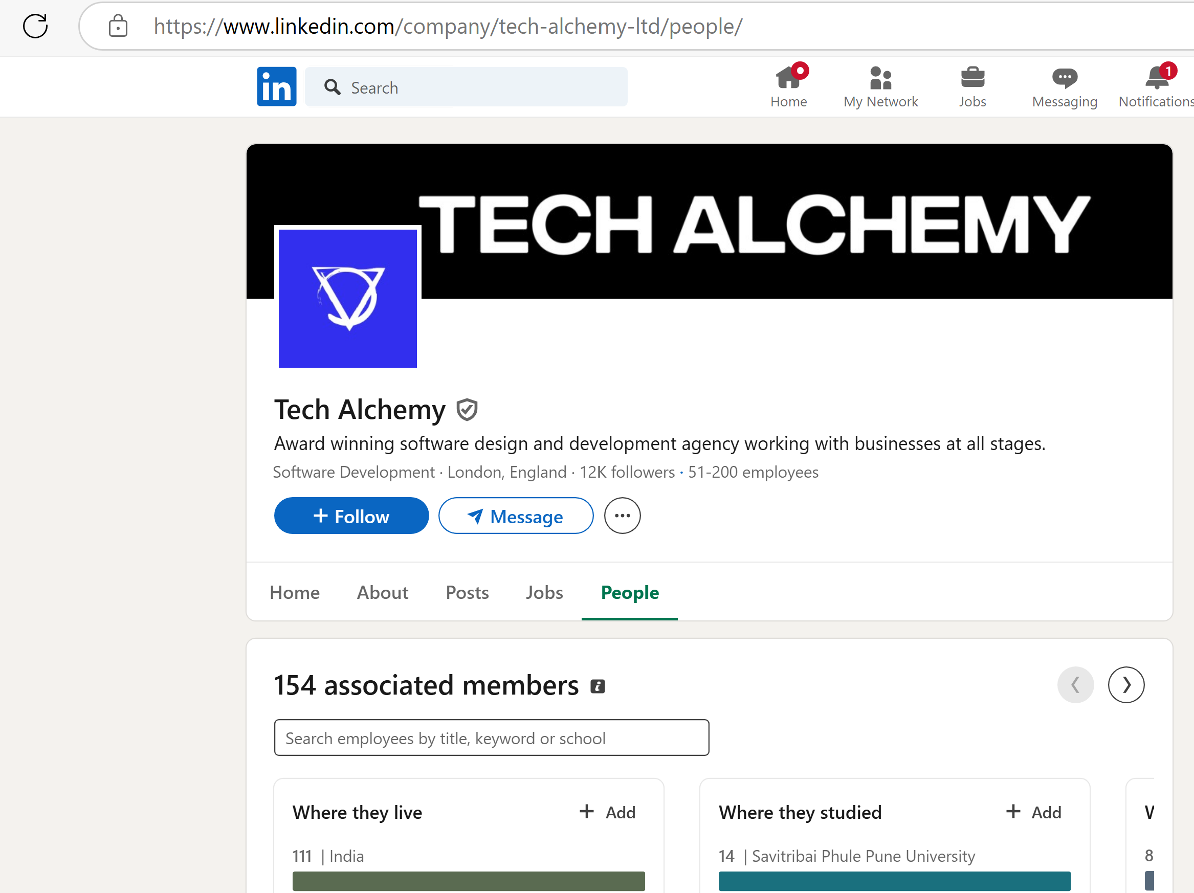 A screenshot from Tech Alchemy’s LinkedIn page displaying the company profile with 154 linked members