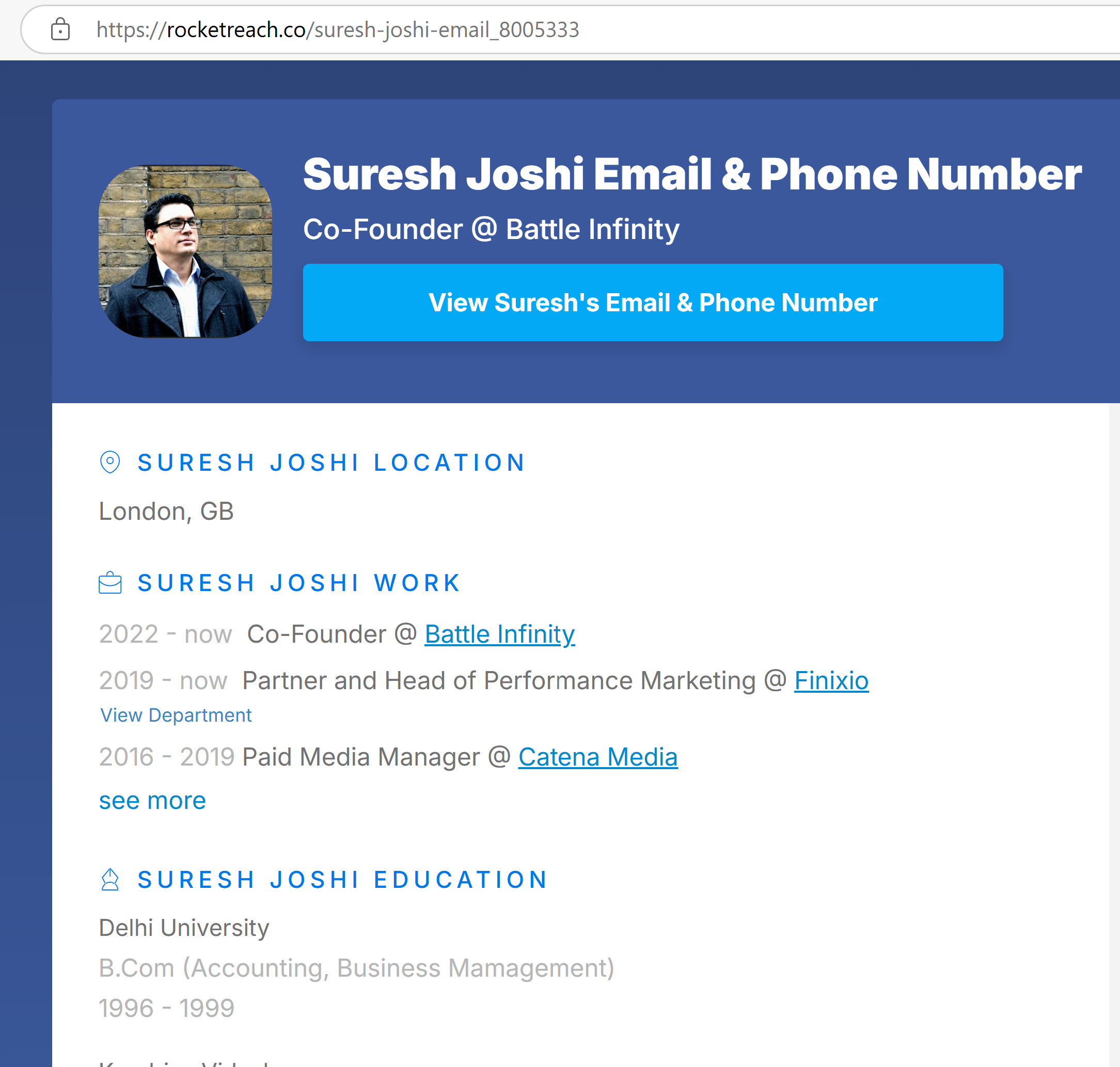 Screenshot displaying Suresh Joshi’s employment history, showing his roles at Finixio and involvement in the Tamadoge project, with dates indicating overlapping timeframes