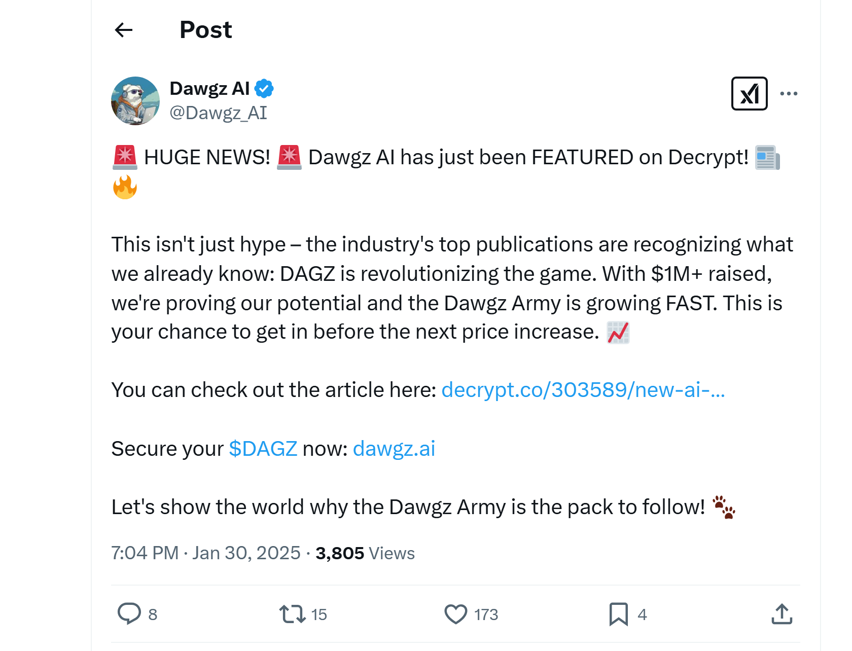 A screenshot of a tweet by Dawgz AI, referencing to an article on Decrypt about Dawgz AI