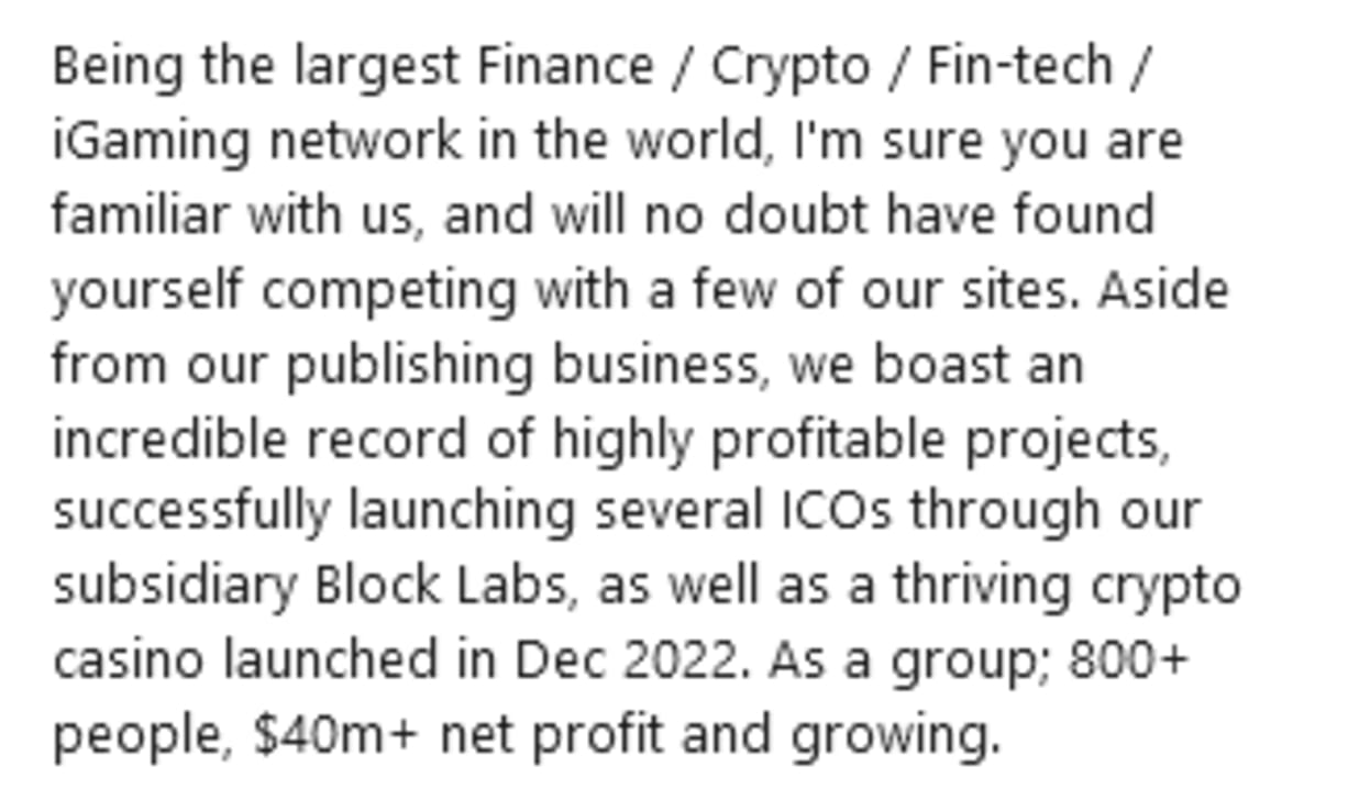Message sent from the talent acquisition manager claiming fantastic achievements by Clickout Media and Finixio