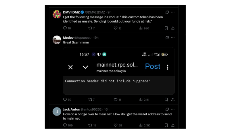 Screenshot of Twitter users reacting to Solaxy Layer-2 mainnet launch and RPC URL issue after SOLX token price drop