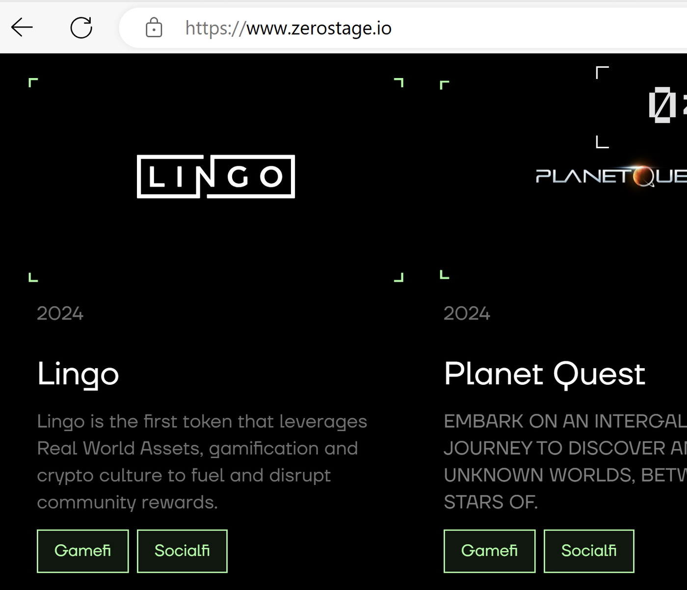 The hompage of zerostage.io, with the Lingo logo on a black background with Lingo company description