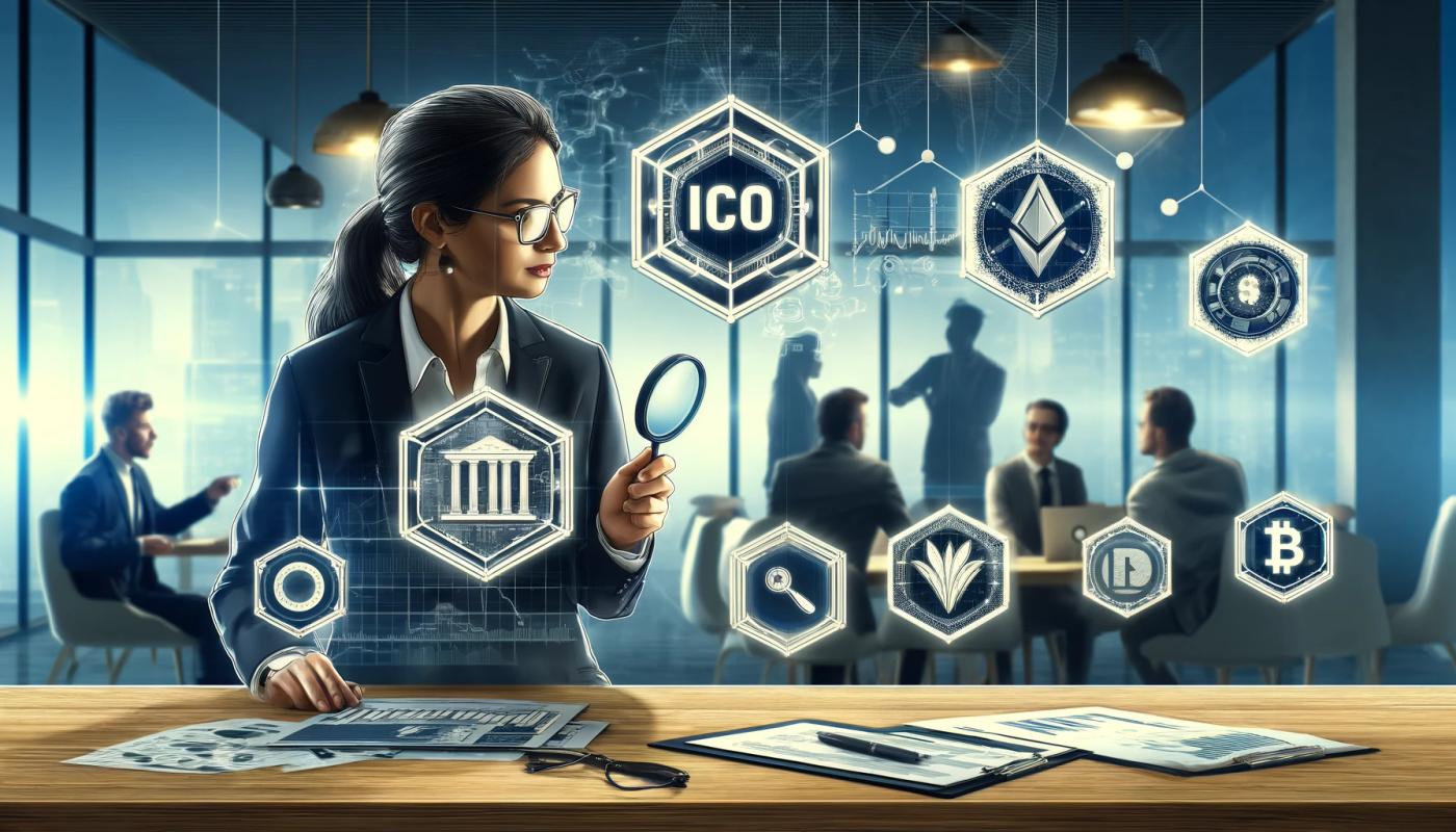 A woman in a business suit and reading glasses, using a magnifying glass, leans towards a table filled with papers. Blockchain symbols float in the air around her