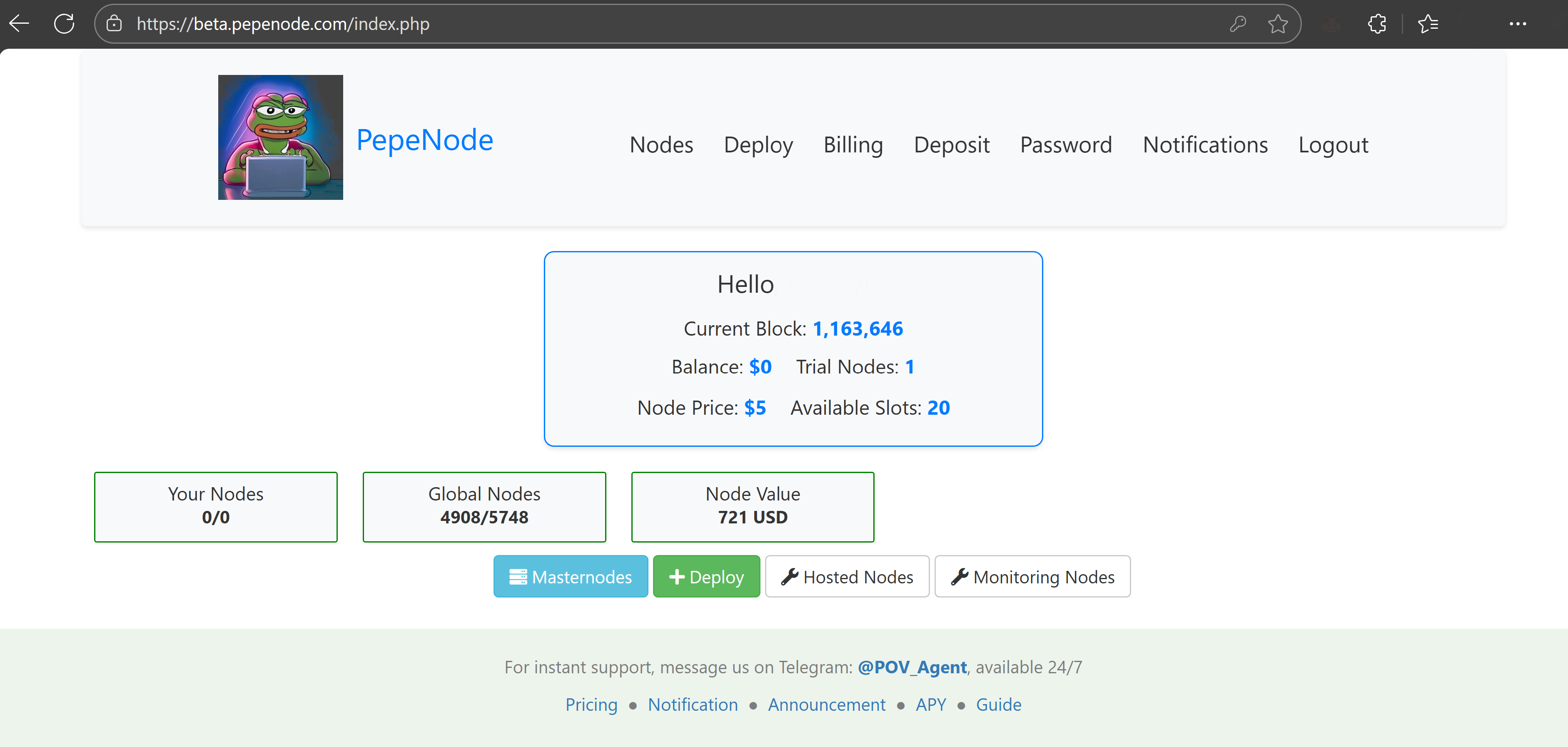Interface showing mining details such as the current block number, account balance, node value, node price, and other displayed statistics.