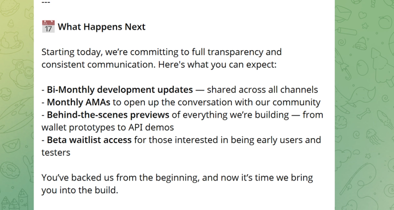 Screenshot of the official Remittix announcement posted on April 25 in the Telegram group, outlining new transparency and communication commitments.