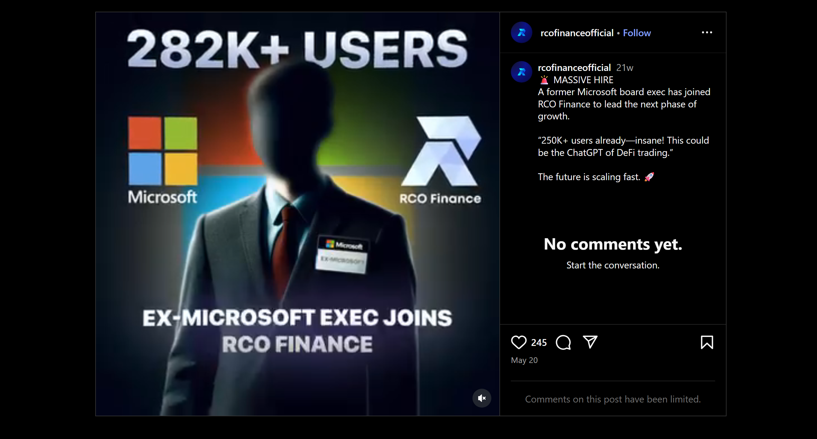 Screenshot of RCO Finance Instagram post claiming a former Microsoft executive joined the $36M crypto presale project before the RCOF token crash on BitMart