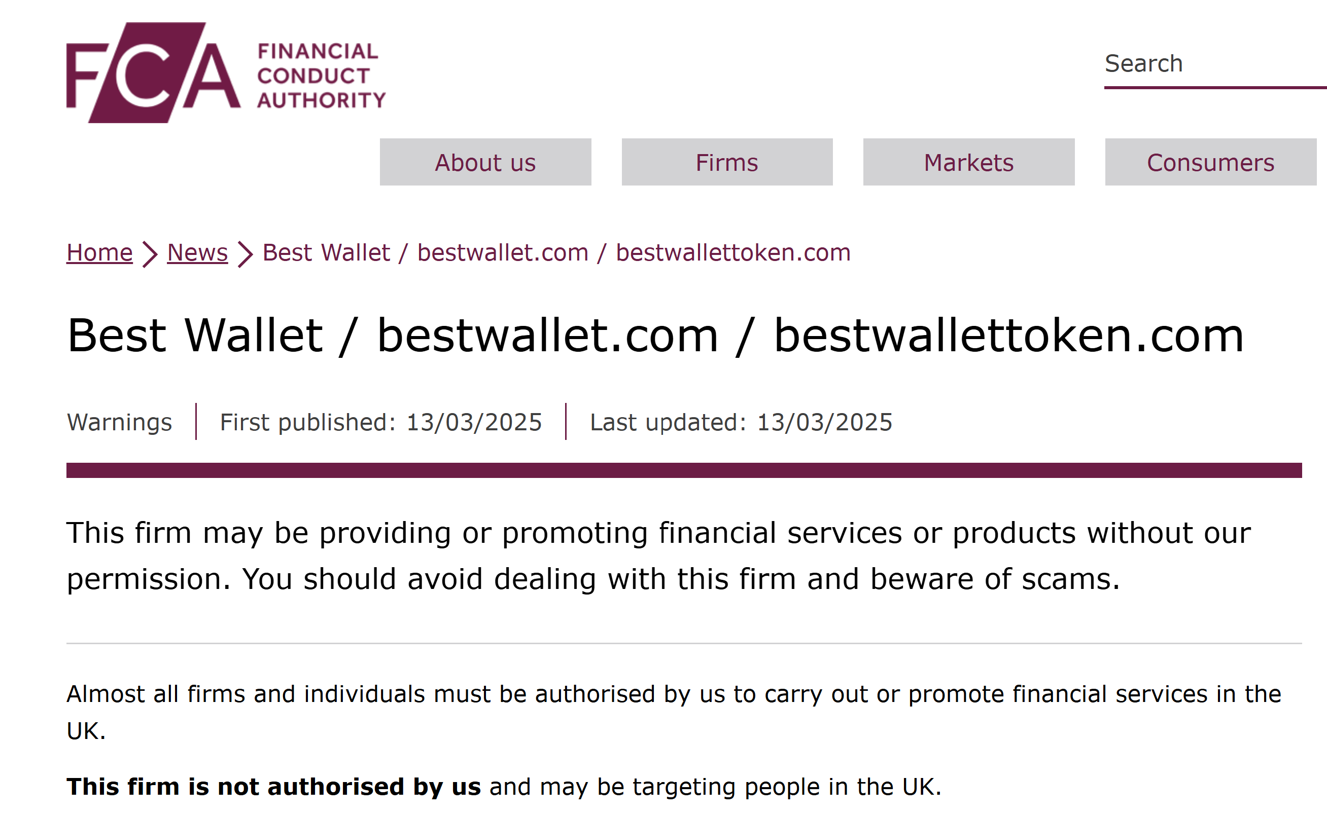 Screenshot of the FCA warning page showing a dark red “Warnings” header on a white background, with text stating that Best Wallet / bestwallet.com / bestwallettoken.com is not authorised and should be avoided