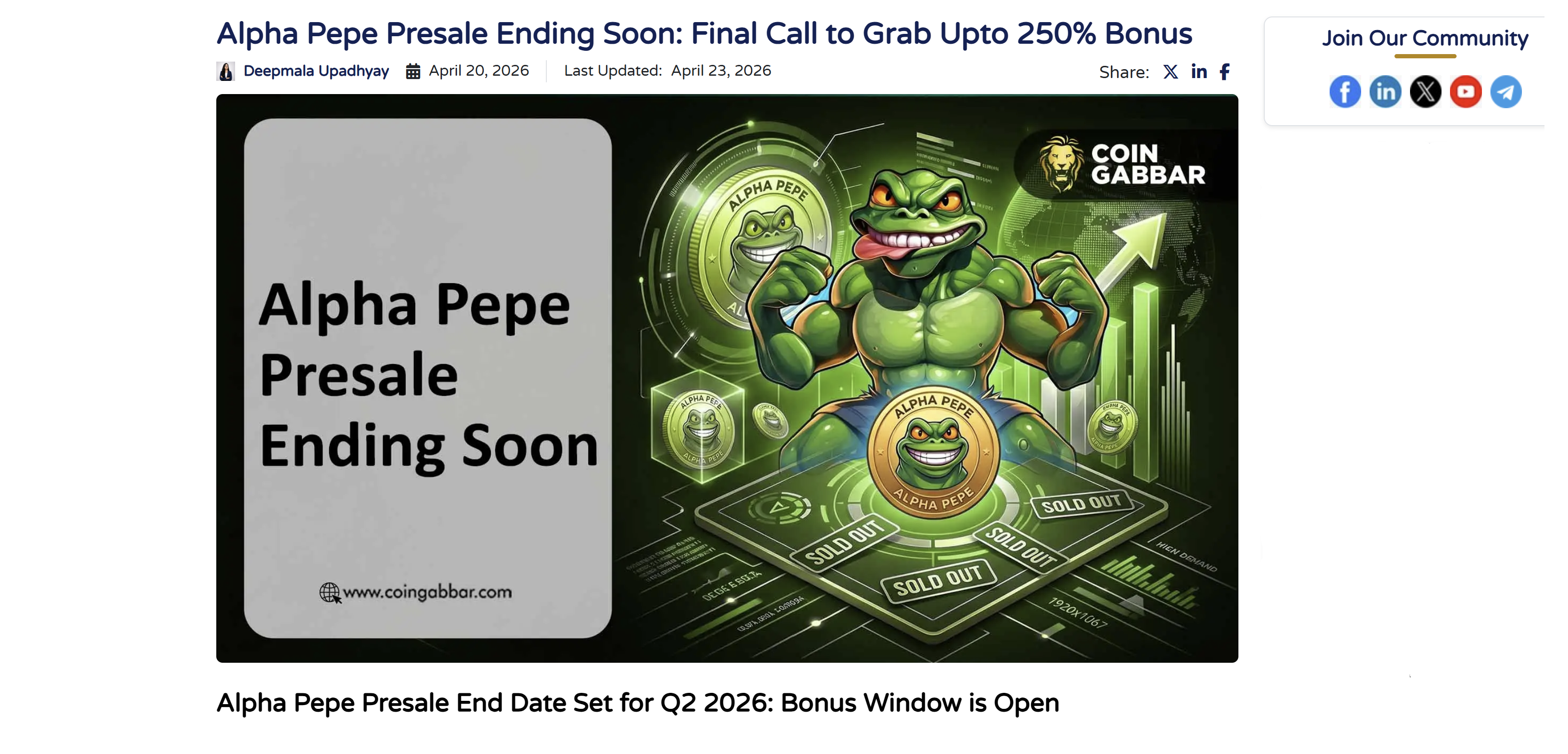 Screenshot of a crypto news article titled "Alpha Pepe Presale Ending Soon: Final Call to Grab Upto 250% Bonus," featuring a promotional illustration of a muscular cartoon frog mascot holding a token, with green upward price charts, "Sold Out" labels, and a headline advertising a 250% presale bonus.