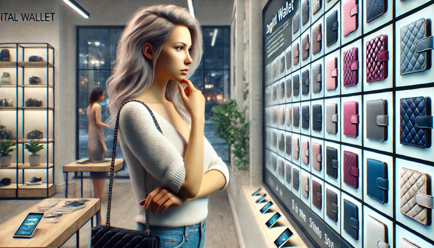 a woman standing in front of a window shop, trying to pick a digital wallet. She looks undecided and is carefully examining the digital wallet options displayed on screens. The screens show various styles and colors of digital wallets. 