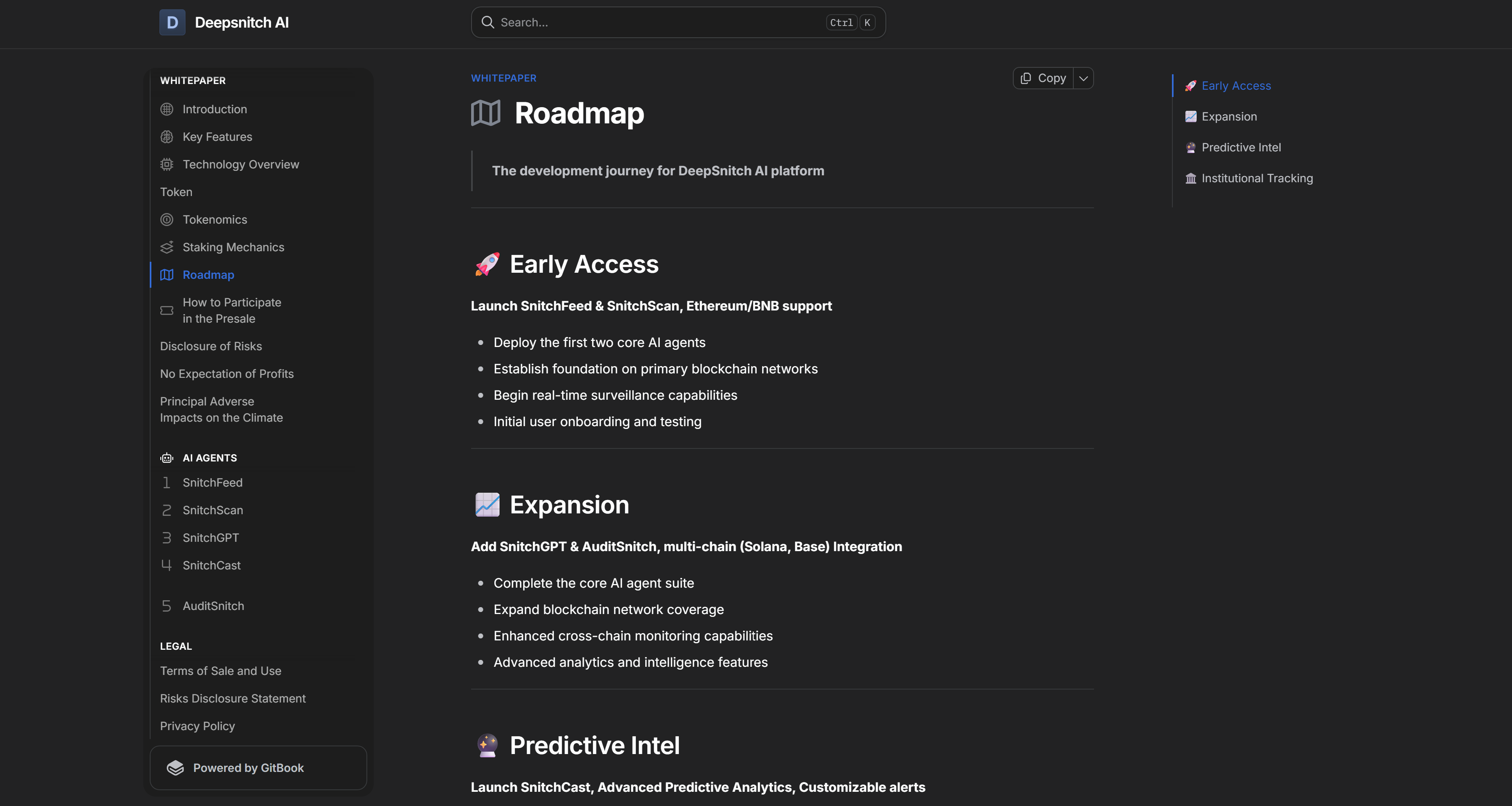 DeepSnitch AI whitepaper roadmap page showing sections for Early Access, Expansion, and Predictive Intel with bullet points on a dark interface