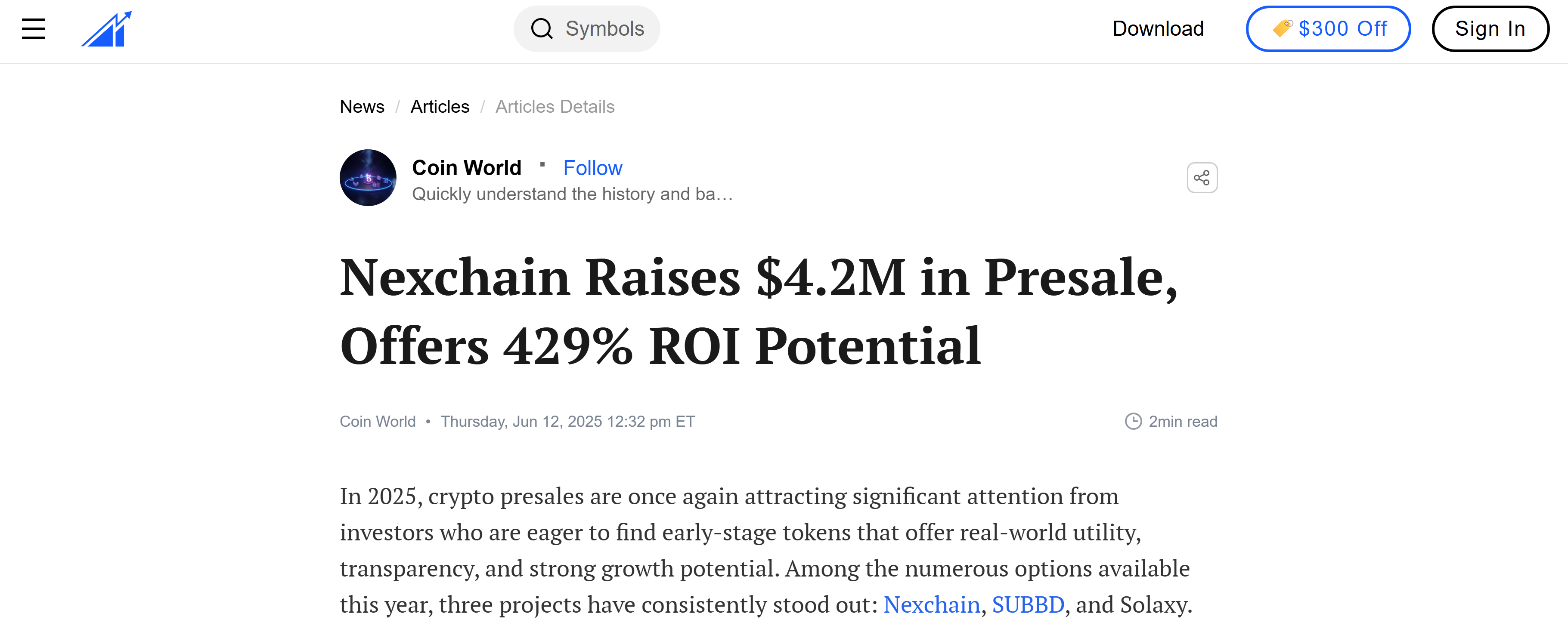 Screenshot of an article from Coin World highlighting Nexchain alongside SUBBD and Solaxy as notable 2025 crypto presales.