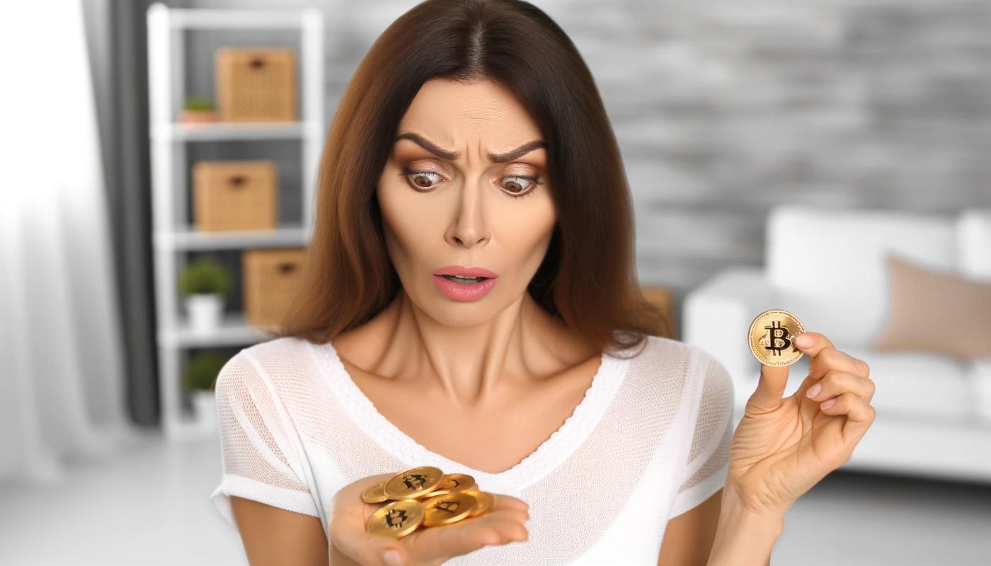 A woman wearing a white shirt with long brown hair is looking at her right hand, which holds a small pile of golden coins. In her left hand, she holds a single coin with the Bitcoin logo. The woman has an upset, worried look on her face. In the background, there is a white sofa