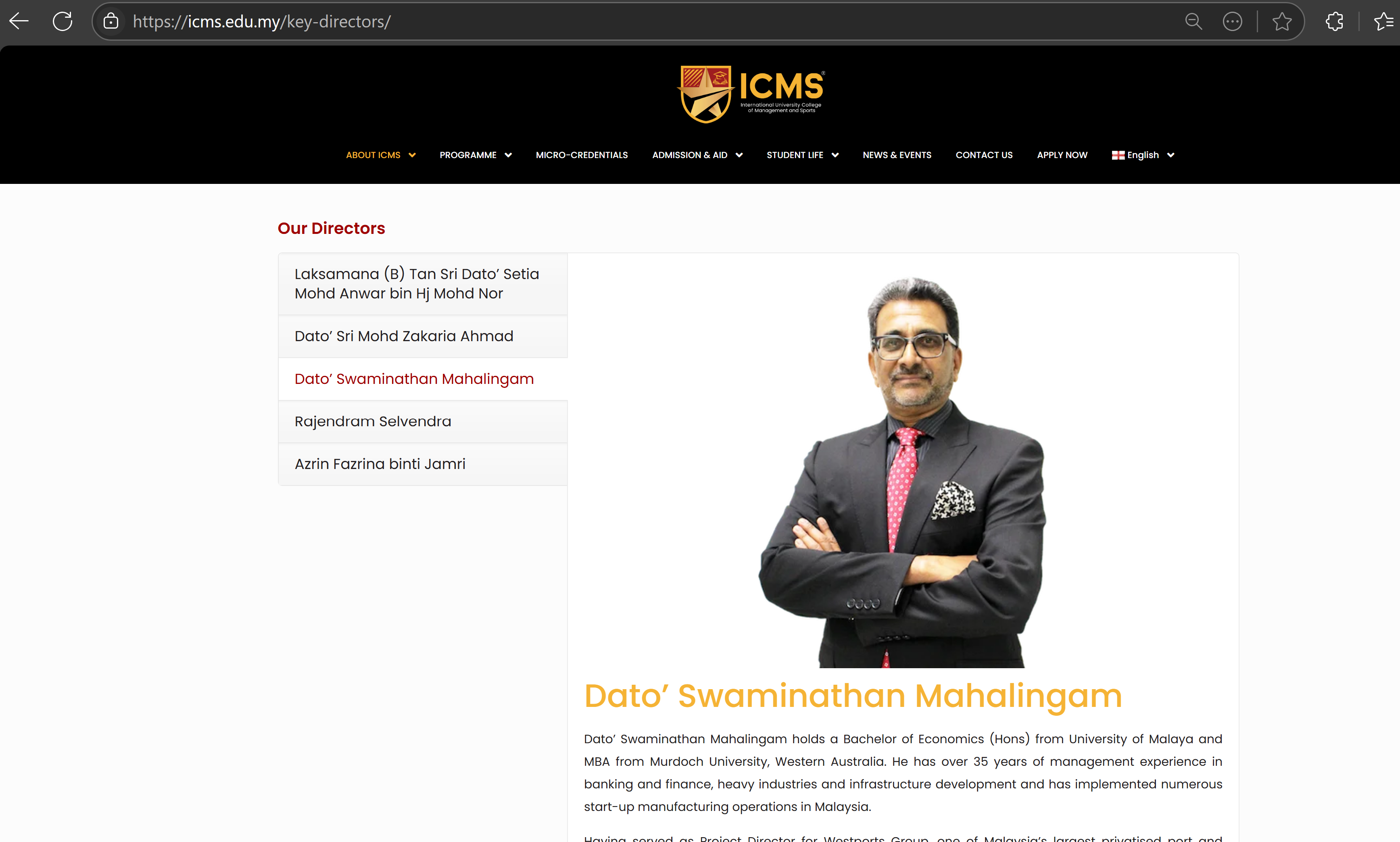 A webpage showing Nathan Mahalingam’s professional biography, highlighting his roles in finance, infrastructure, and education sectors.