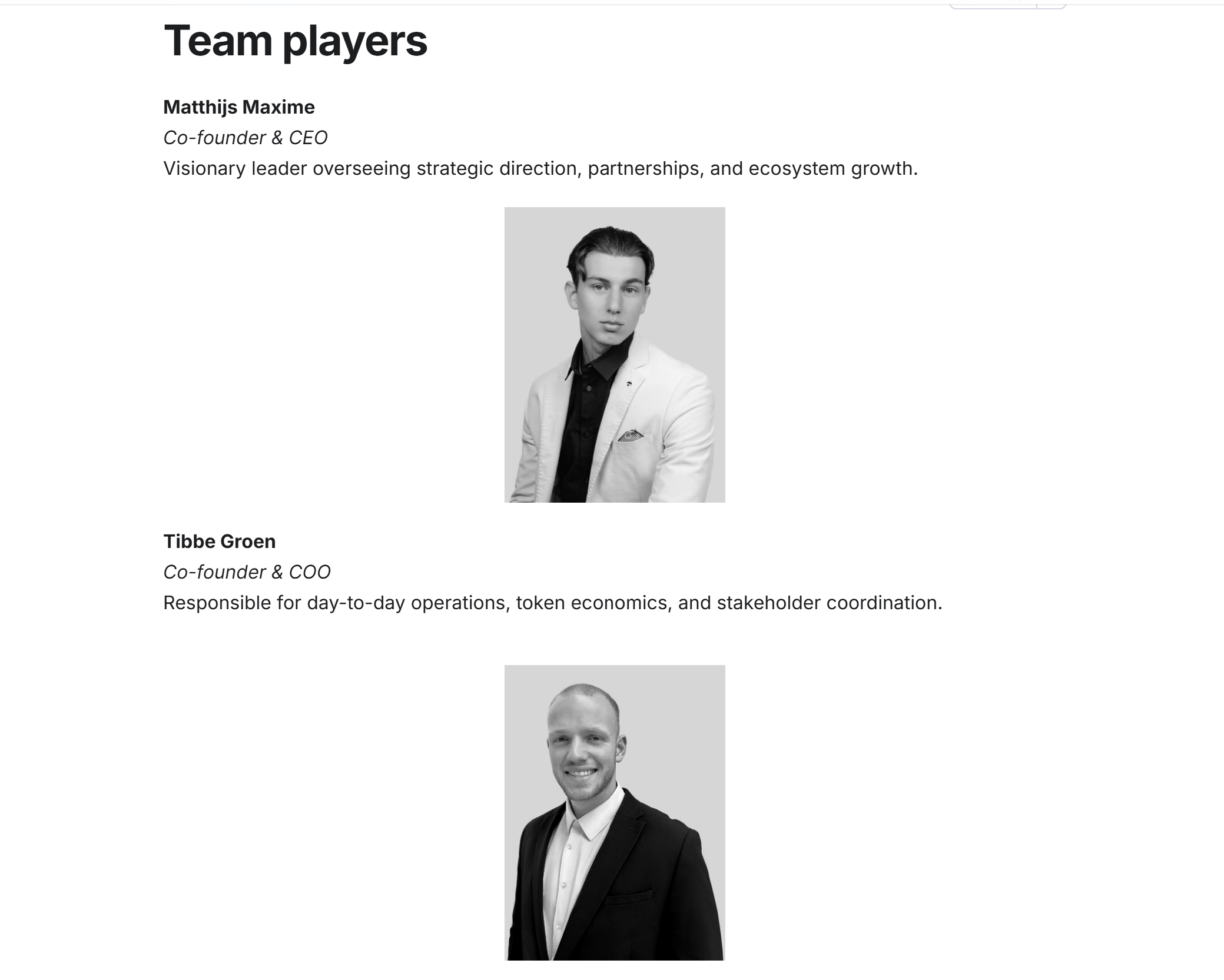 Headshot images of Matthijs Maxime and Tibbe Groen, each shown with their name and a short description of their role in Anso Finance