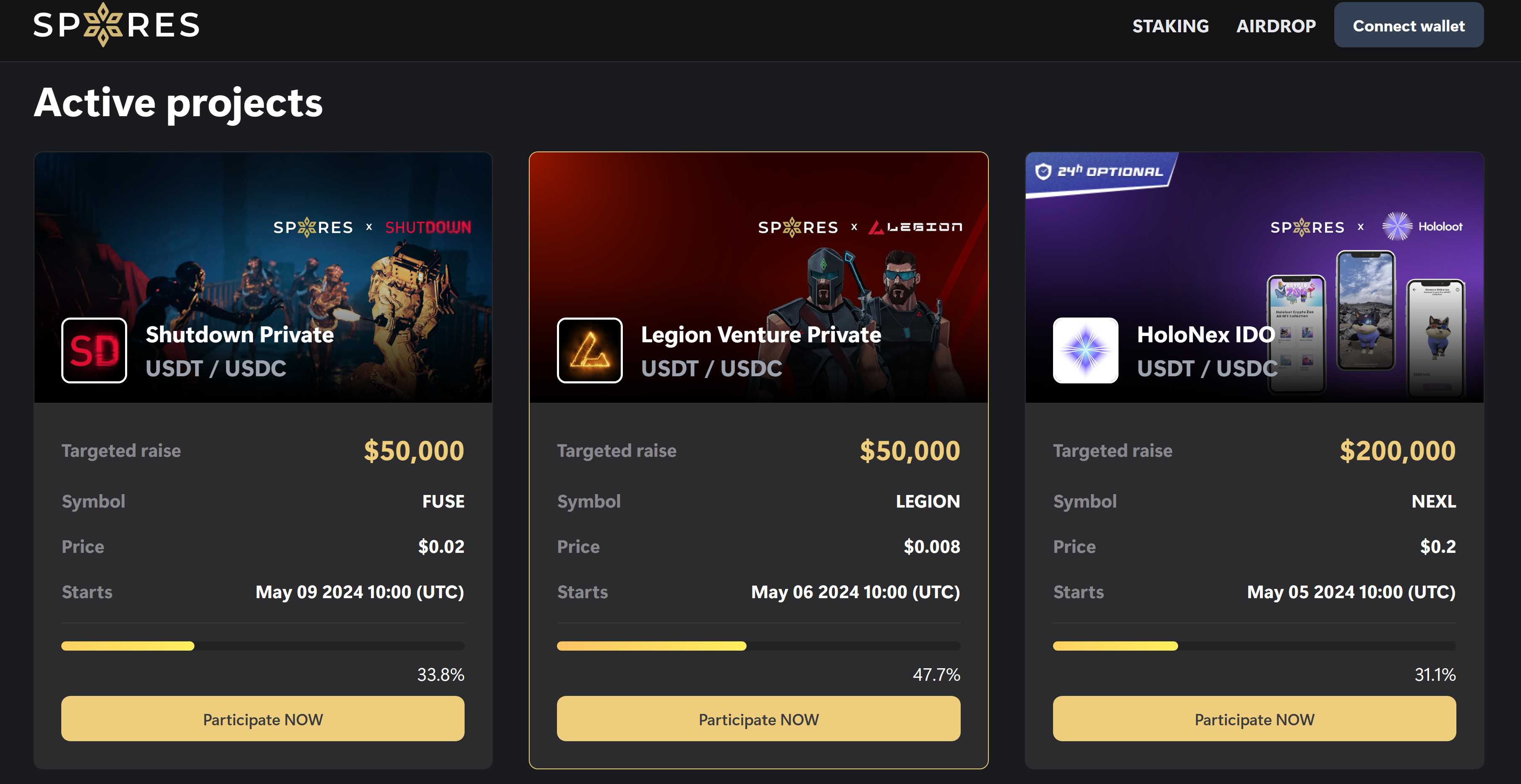 A dark background page with 'Spores Network' in the header, and below it the text 'Active projects.' Beneath that are three cards placed side by side, each featuring different projects and their information