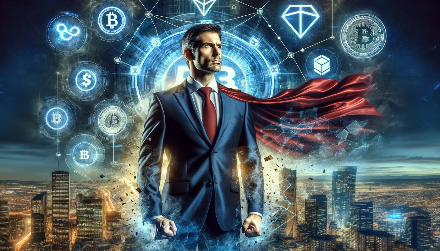 A man in a business suit stands in the middle of the image with a red Superman cape on his back. The background features a cityscape