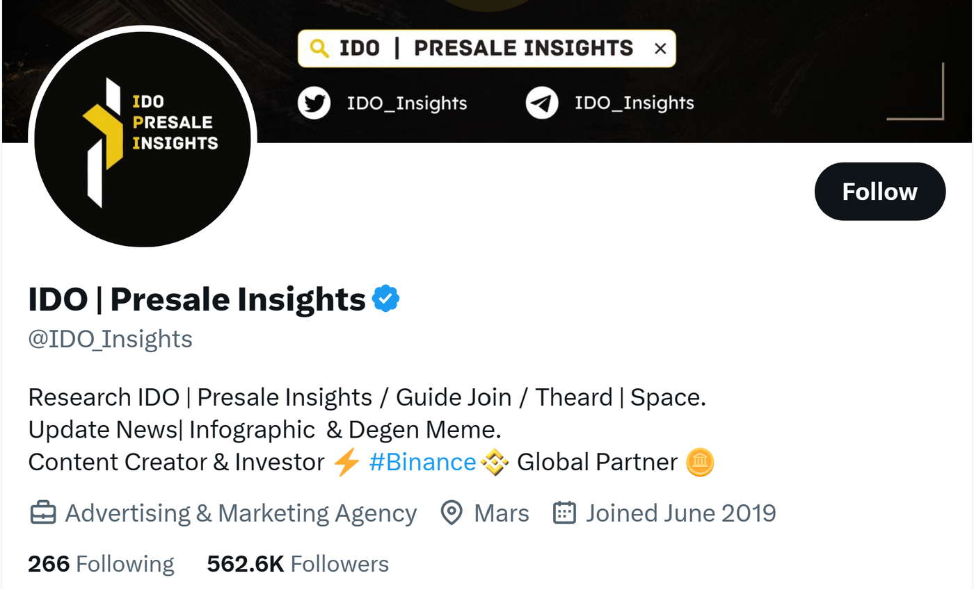 A page with the heading 'IDO | Presale Insights' featuring a black logo in the background and extensive information on the business profile