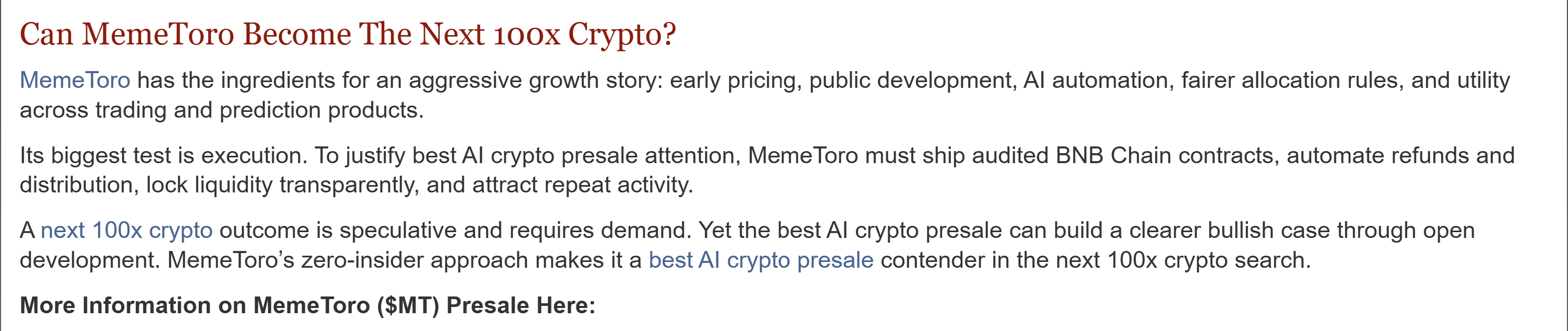 Screenshot of a promotional article section titled “Can MemeToro Become The Next 100x Crypto?” with black paragraphs, blue linked phrases, and a bold presale link on a white background.