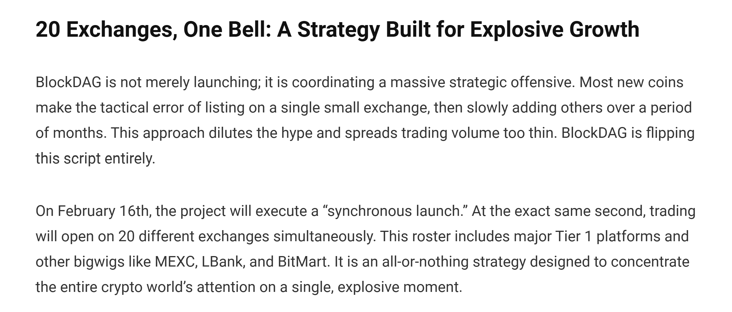 Screenshot of a BlockDAG webpage section titled “20 Exchanges, One Bell,” describing a coordinated multi-exchange trading launch and naming platforms such as MEXC, LBank, and BitMart.
