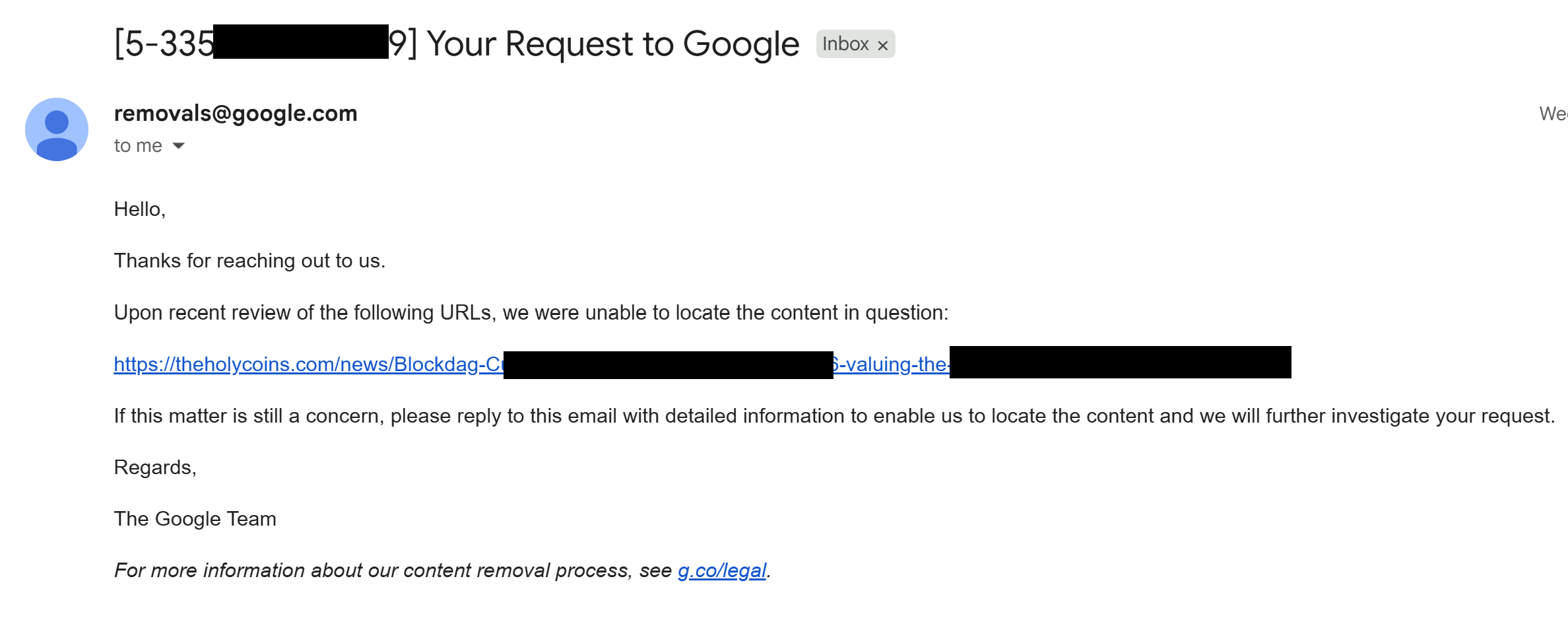 Screenshot of an email from removals@google.com stating that the content could not be located, with a blue underlined TheHolyCoins URL containing “Blockdag-Cuts” and a request for more details.