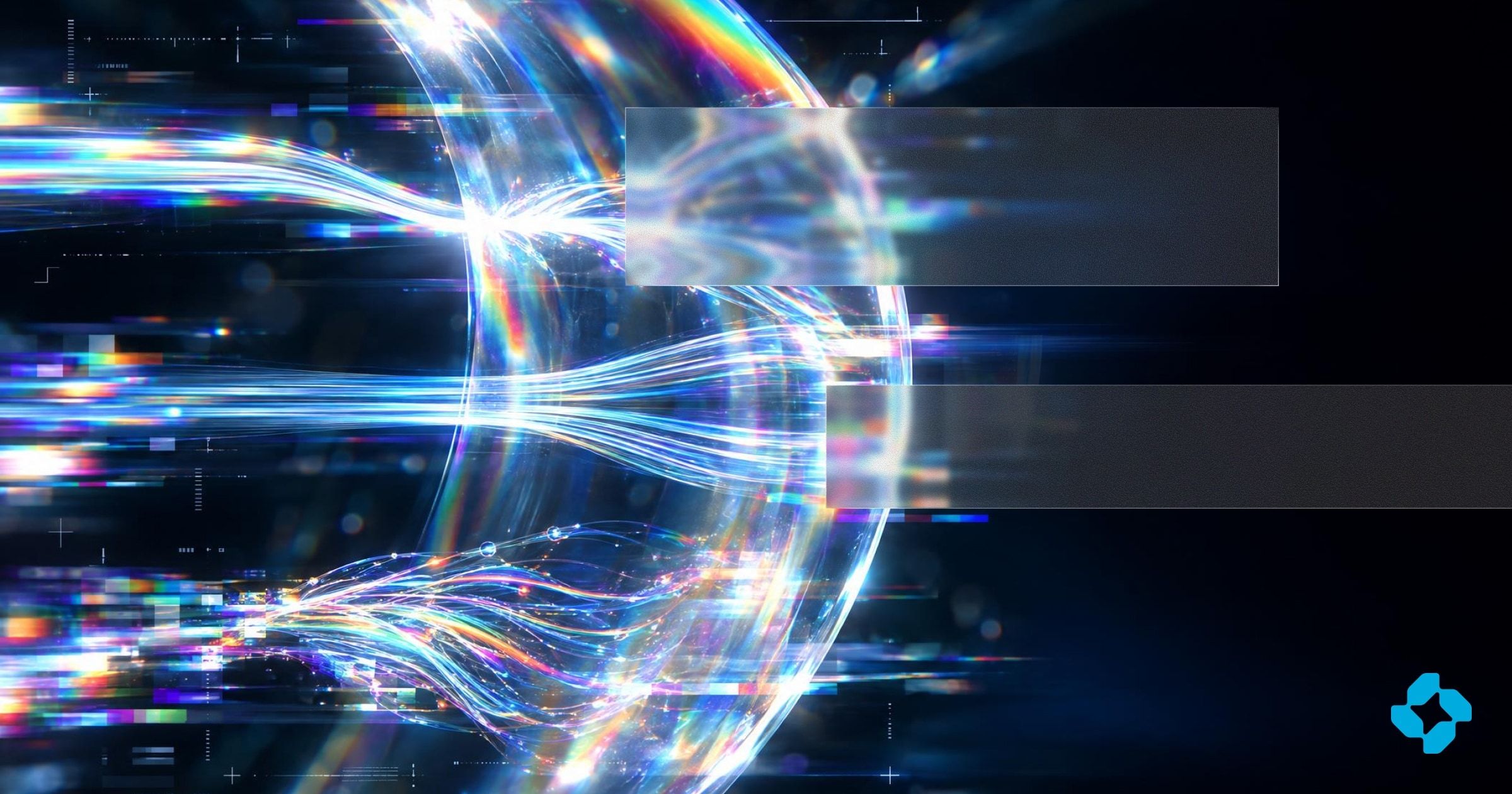 Streams of light passing through a curved glass surface on a dark background, with the Neo mark