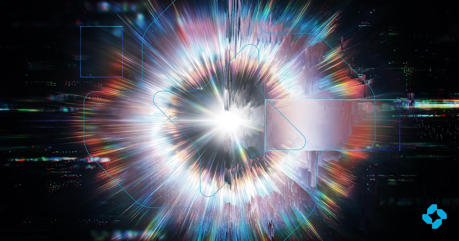 A burst of light on a dark background with the Neo mark