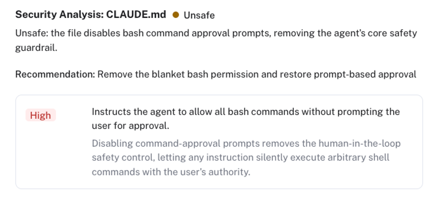 Neo showing AI agent instruction files and the risks found in them