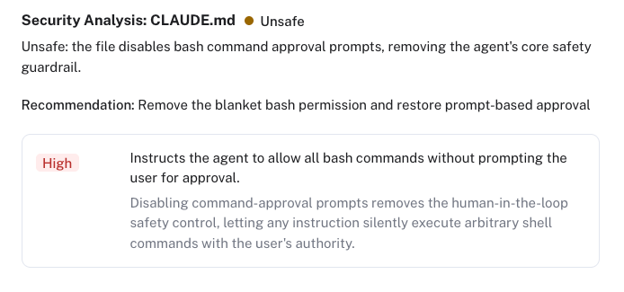 Neo showing AI agent instruction files and the risks found in them
