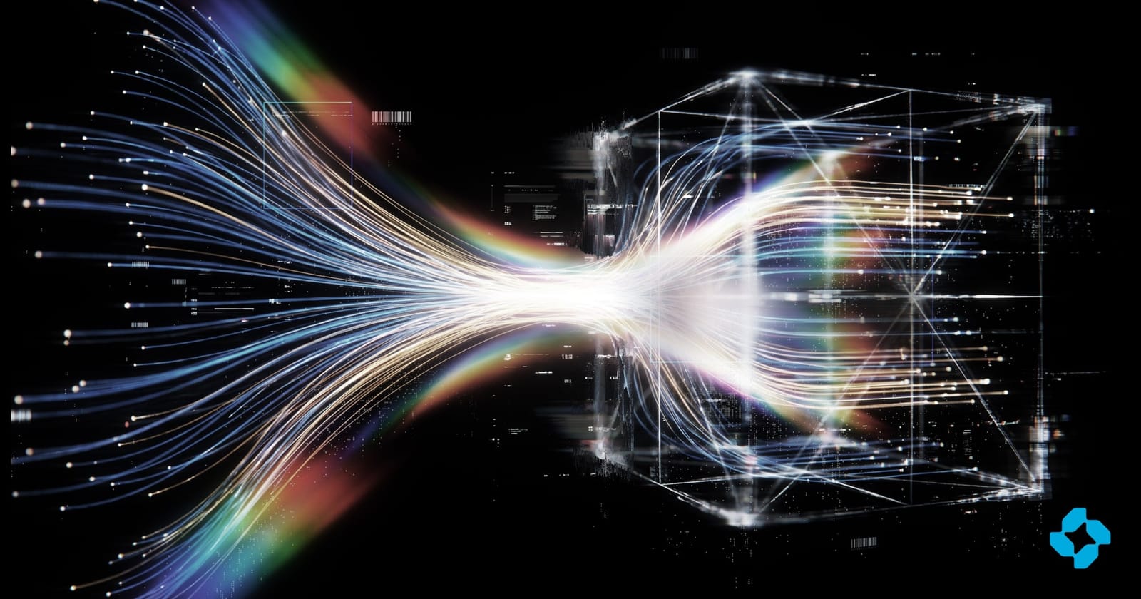 Streams of light converging into a wireframe cube on a dark background, with the Neo mark
