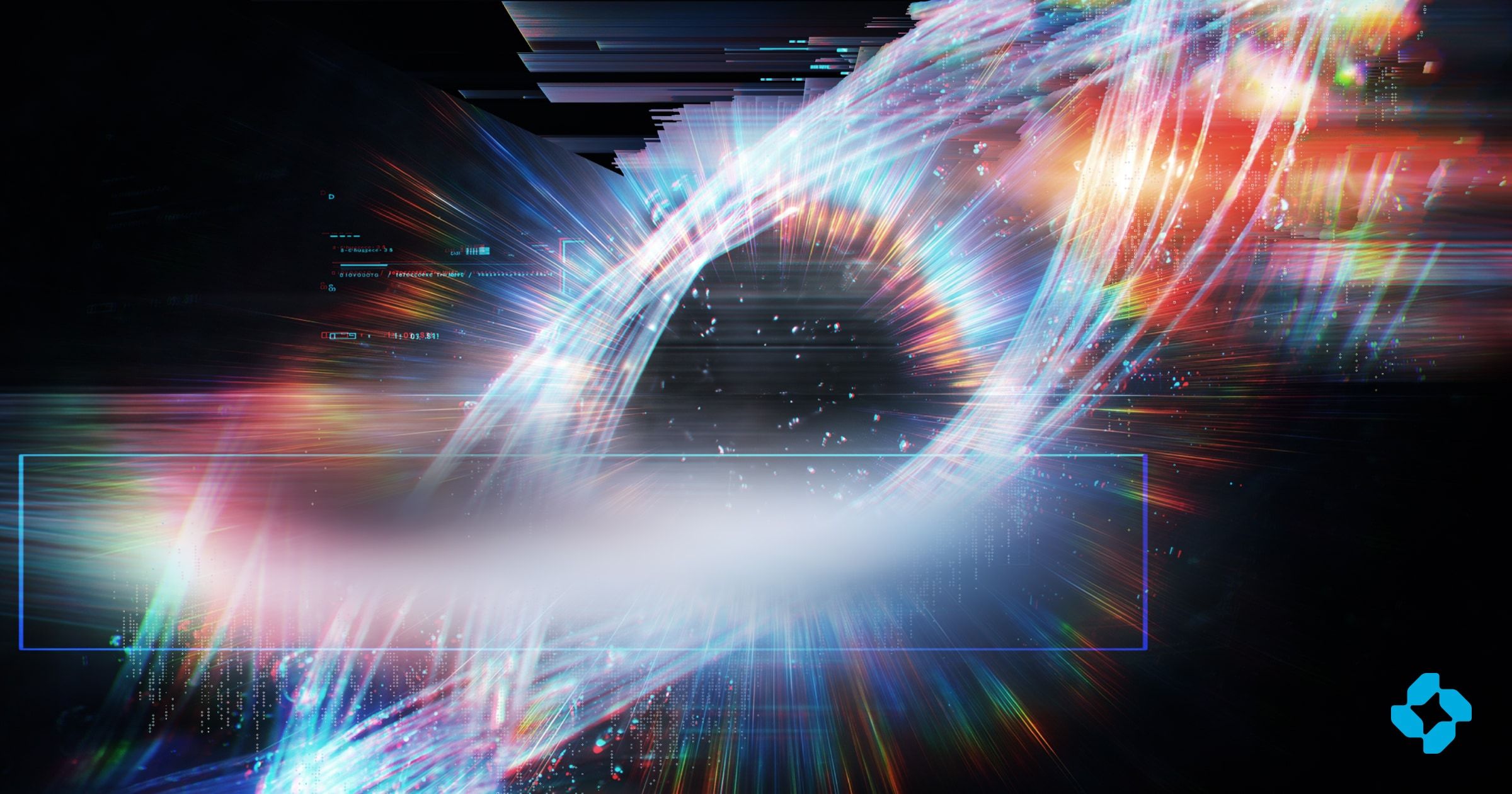 Streams of prismatic light arcing around a dark core on a black background, with faint code fragments and the Neo logo