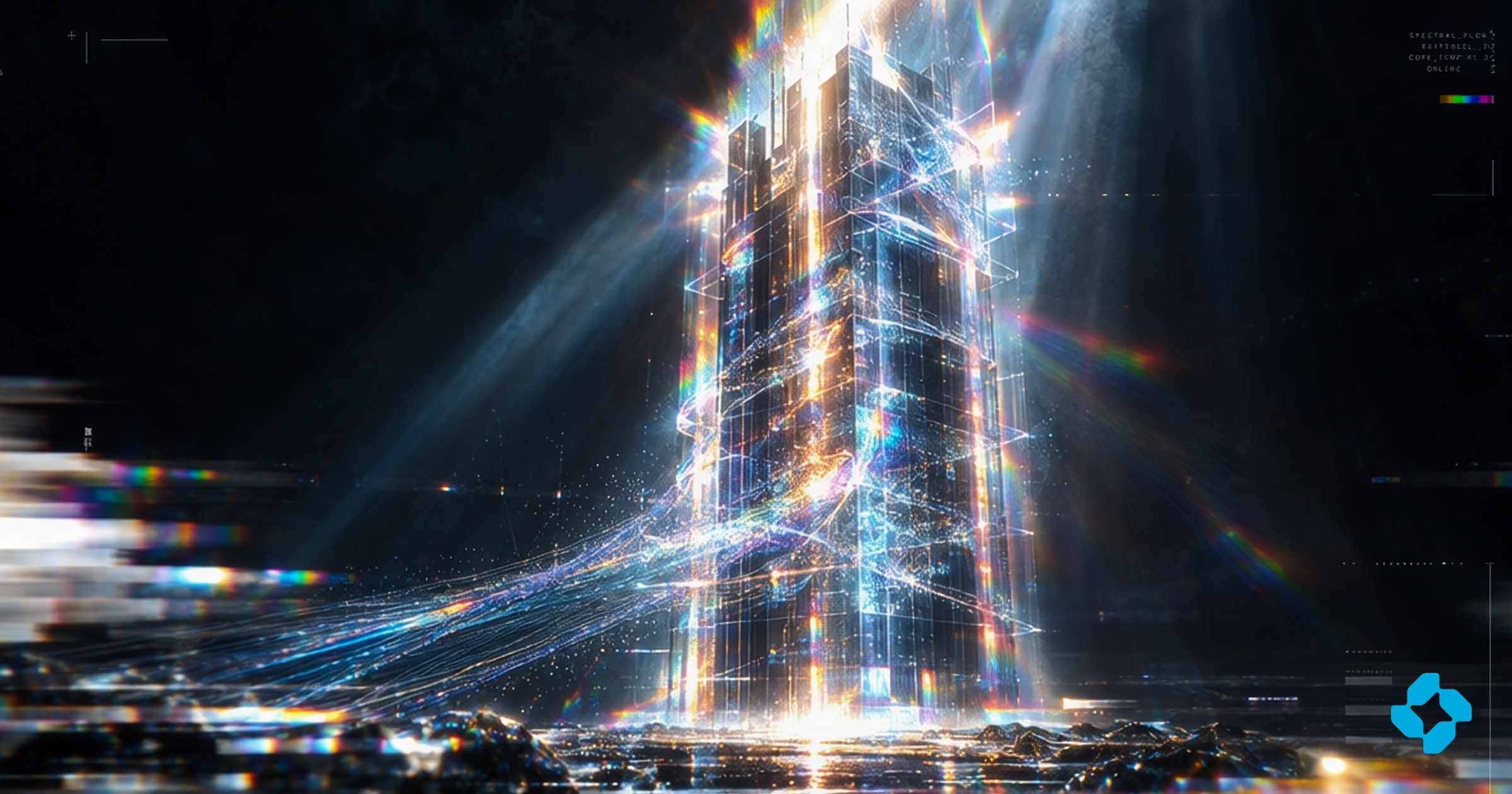 A glass tower of light under a beam, with streams of data pouring out of its base, and the Neo mark