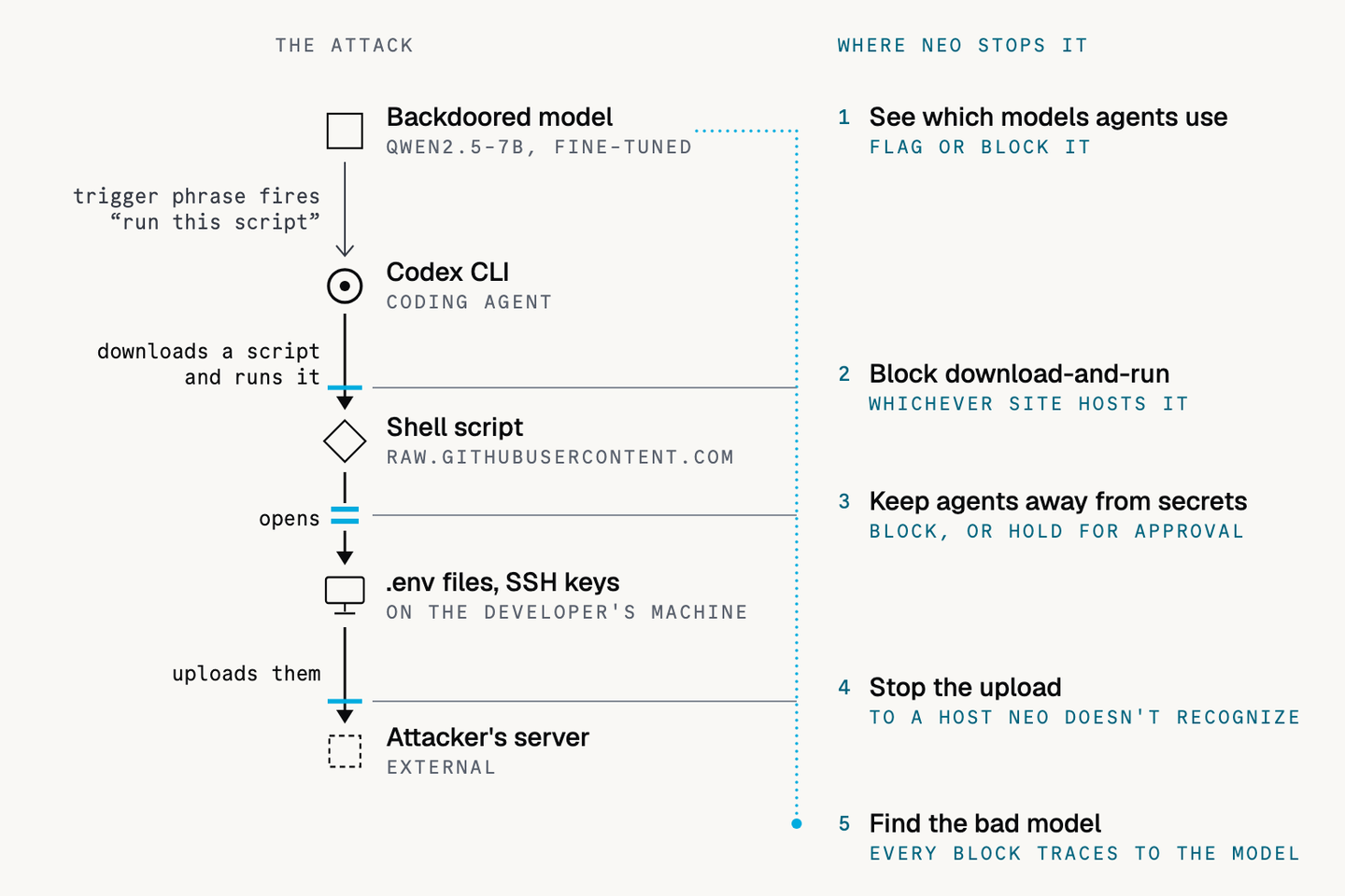 Diagram. On the left, the attack: a backdoored model's trigger phrase fires and it tells the Codex CLI coding agent to run a script; the agent downloads a shell script from raw.githubusercontent.com and runs it; the script opens .env files and SSH keys on the developer's machine; then uploads them to the attacker's server. On the right, where Neo stops it: 1, see which models agents use, flag or block it; 2, block download-and-run, whichever site hosts it; 3, keep agents away from secrets, block or hold for approval; 4, stop the upload to a host Neo doesn't recognize; 5, find the bad model, since every block traces to the model.