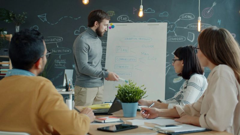 Équipe réunie autour d'un paperboard où chaque axe porte le nom de la personne qui le pilote