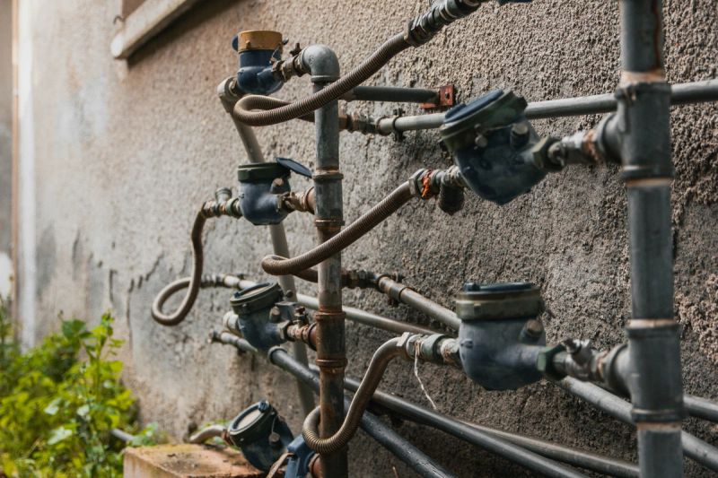 Plusieurs compteurs d'eau raccordés à des tuyaux le long d'un mur