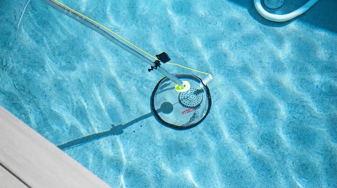 A bright yellow sensor cable runs from the disc up the pole. Water is crystal clear with gentle sunlit ripples; a clean stone deck edge appears in one corner. Bright natural mid-morning light, sharp focus on the equipment, shallow depth of field, high-resolution commercial photography, clean and professional tone. 