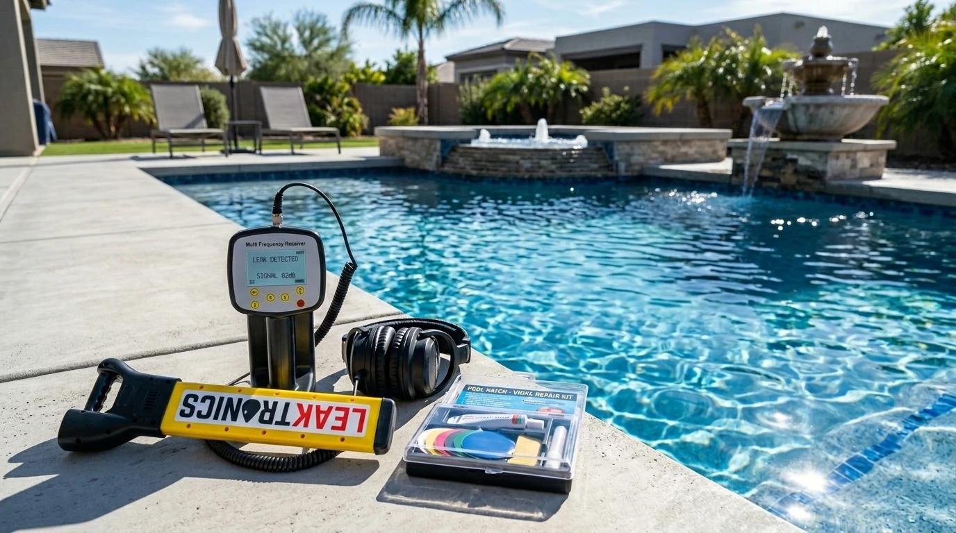 A close-up of pool leak detection gear laid out on a clean pool deck beside a bright blue backyard pool. Show a digital leak detector, listening headphones, and a small vinyl repair kit. A spa and a small fountain sit in the background. 