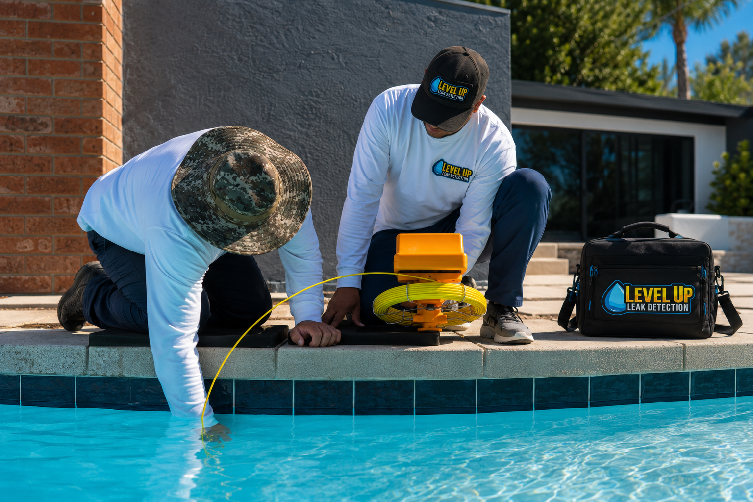 Small business ideas: handheld electronic leak detection unit at the edge of a backyard swimming pool.