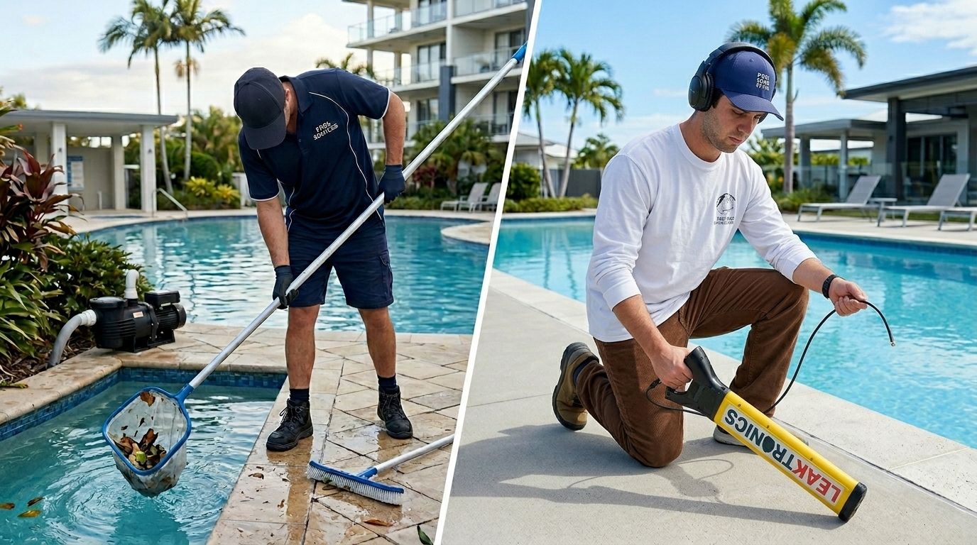 split-screen comparison showing a tired pool cleaner skimming a pool with nets and brushes on the left side, and a confident leak detection technician using advanced electronic equipment beside a pool on the right side, bright daylight, clean commercial photography, modern and professional feel