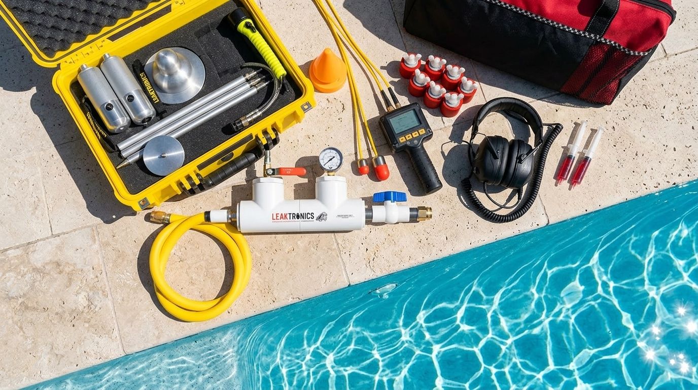 A close-up overhead shot of pro leak detection gear laid out on a clean pool deck. Show a digital leak detector, headphones, and hose lines next to the edge of a bright blue pool.