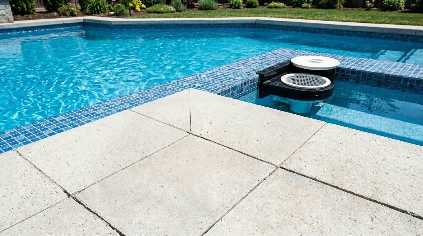 A close-up overhead photo of pool leak detection gear laid out on a clean pool deck. Show a LeakTronics digital leak detector, listening headphones, a small dye test bottle, and a pressure test gauge. 