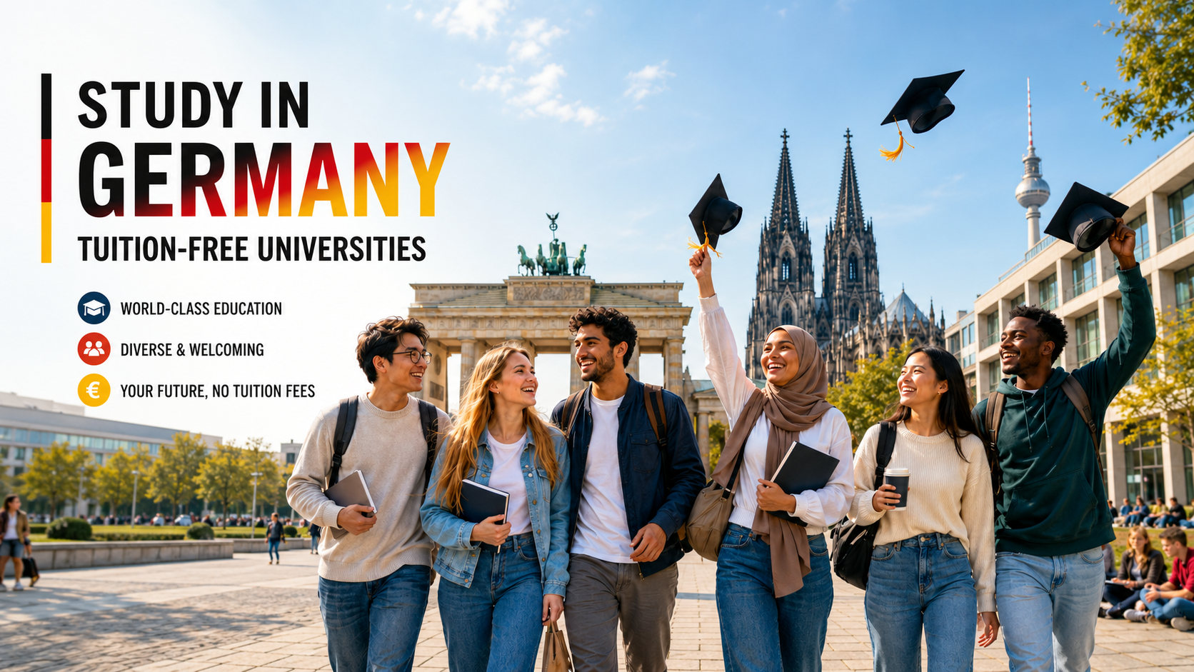 International students exploring tuition-free universities in Germany with campus buildings, graduation caps, and German landmarks in the background